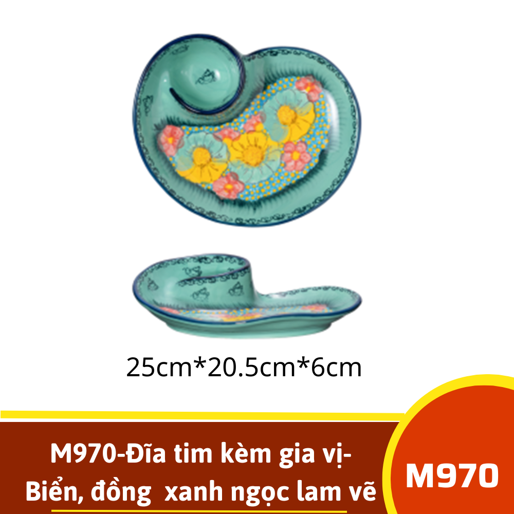 M970-Đĩa tim kèm gia vị- Biển, đồng  xanh ngọc lam vẽ tay xuất Âu SIL