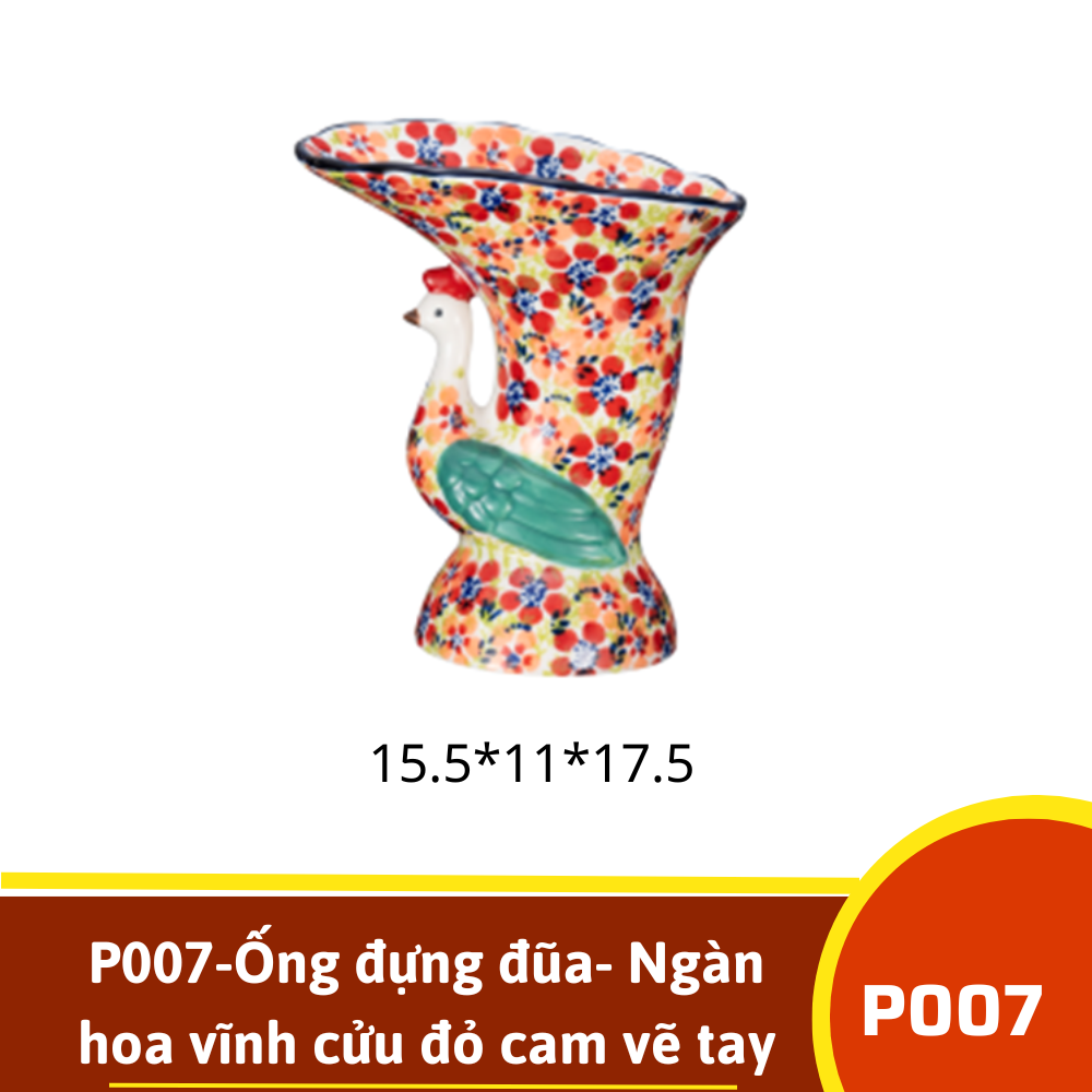 P007-Ống đựng đũa- Ngàn hoa vĩnh cửu đỏ cam vẽ tay xuất Âu SIL