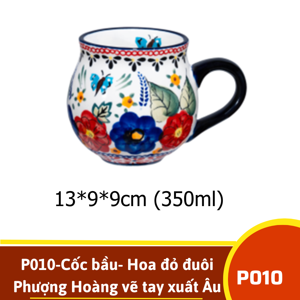 P010-Cốc bầu- Hoa đỏ đuôi Phượng Hoàng vẽ tay xuất Âu SIL
