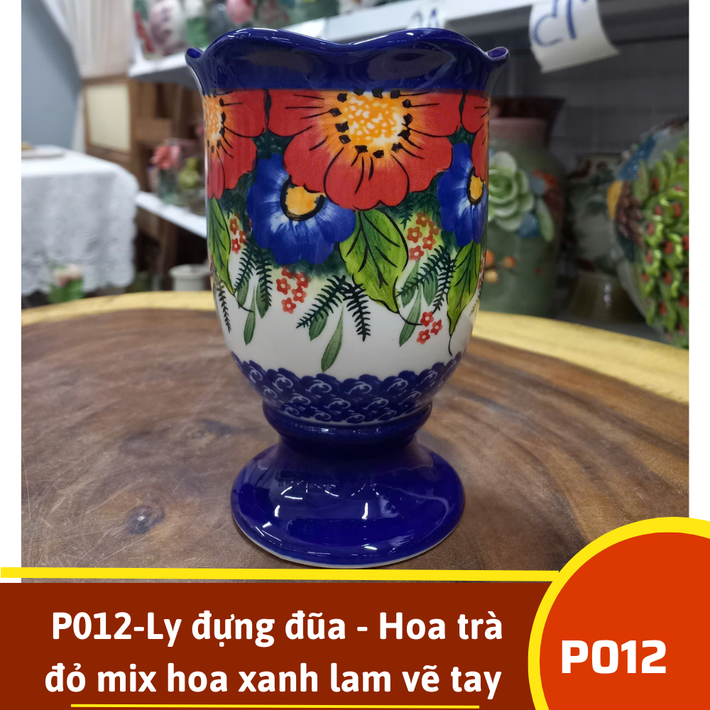P012-Ly đựng đũa - Hoa trà đỏ mix hoa xanh lam vẽ tay xuất âu SAZ