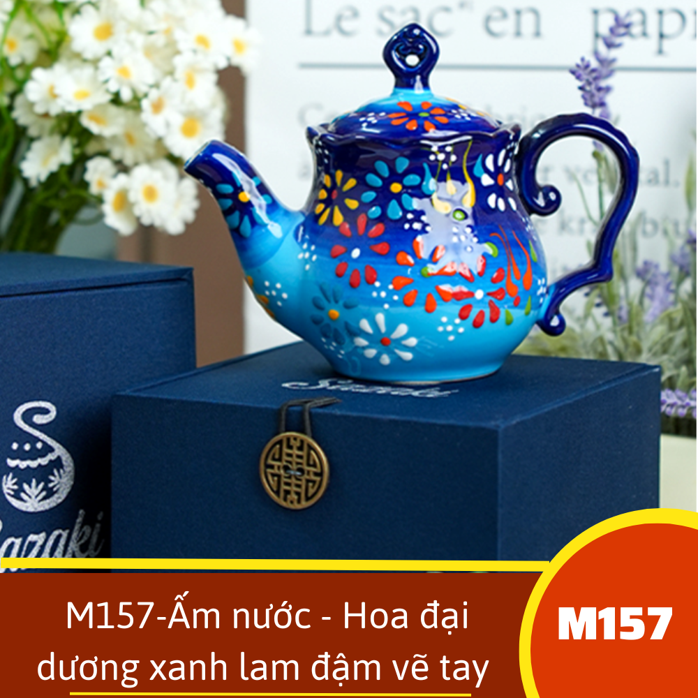 M157-Ấm nước - Hoa đại dương xanh lam đậm vẽ tay xuất âu