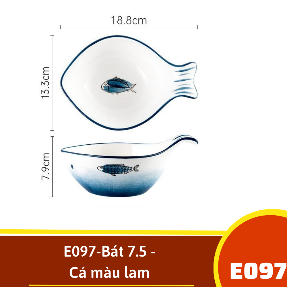 E097-Bát hình cá 7.5 - Cá thủy tinh màu lam