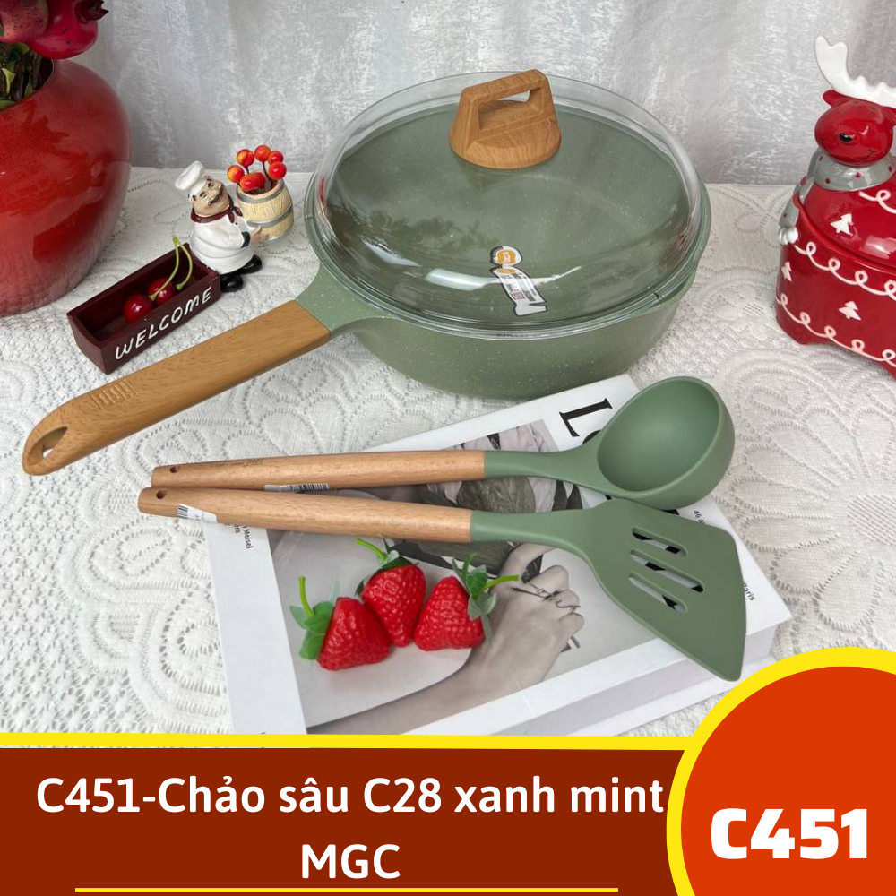 C451-Chảo sâu C28 xanh bơ MGC nắp vòm-Bộ 13 món