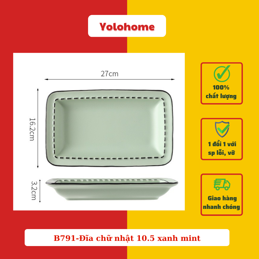 B791-Đĩa chữ nhật 10.5 xanh mint -Đa sắc pastel pc Nhật Bản