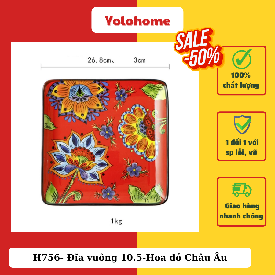 H756- Đĩa vuông 10.5-Hoa đỏ Châu Âu