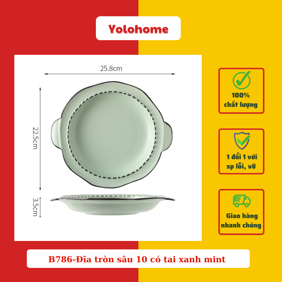 B786-Đĩa tròn sâu 10 có tai xanh mint -Đa sắc pastel pc Nhật Bản