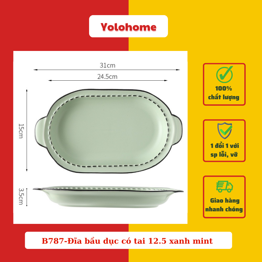 B787-Đĩa bầu dục có tai 12.5 xanh mint -Đa sắc pastel pc Nhật Bản
