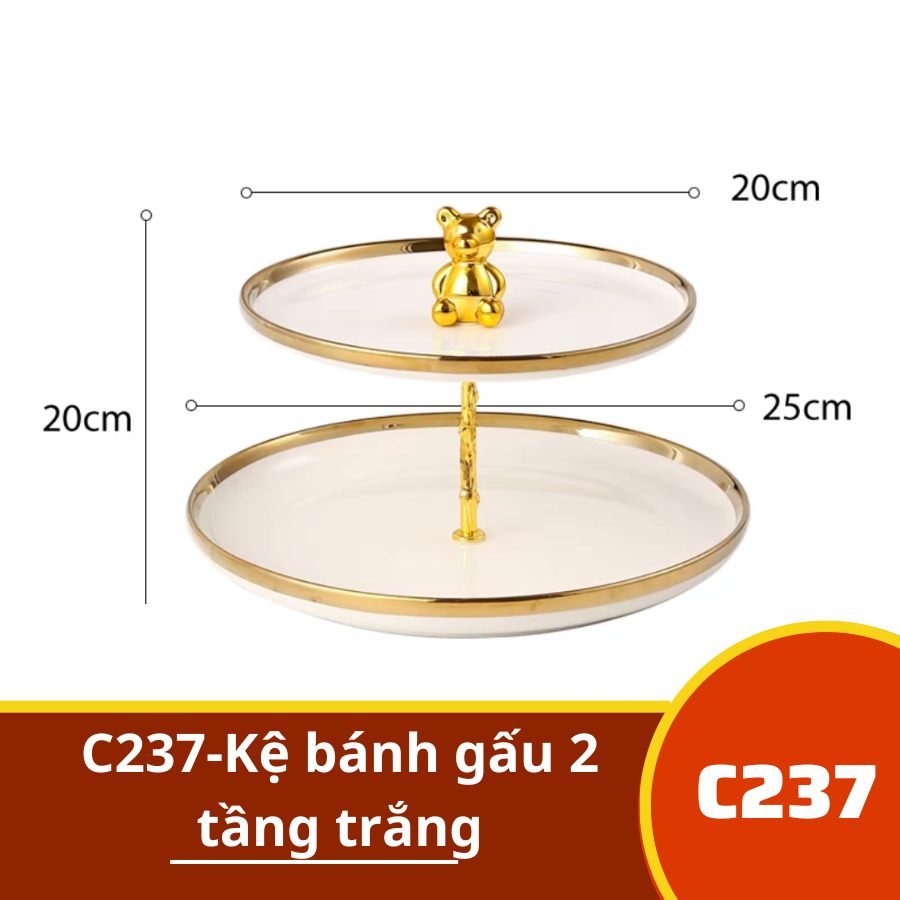 C237-Kệ bánh gấu 2 tầng trắng viền vàng