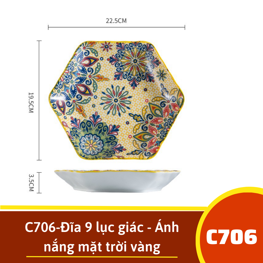 A366-Set 2 Đĩa 9 lục giác - Ánh nắng mặt trời vàng  C706