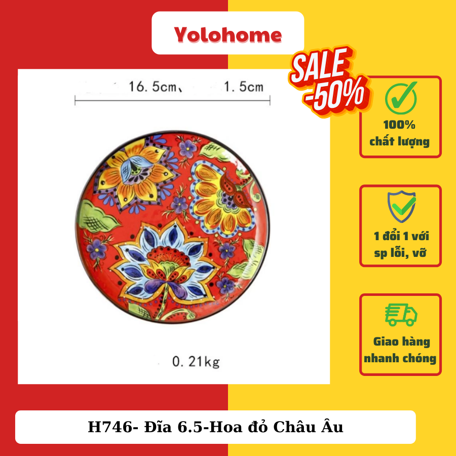 H746- Đĩa nông 6.5-Hoa đỏ Châu Âu