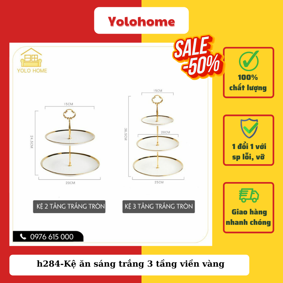 Kệ ăn sáng trắng 3 tầng viền vàng