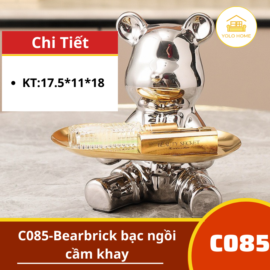 C085-Bearbrick bạc ngồi cầm khay