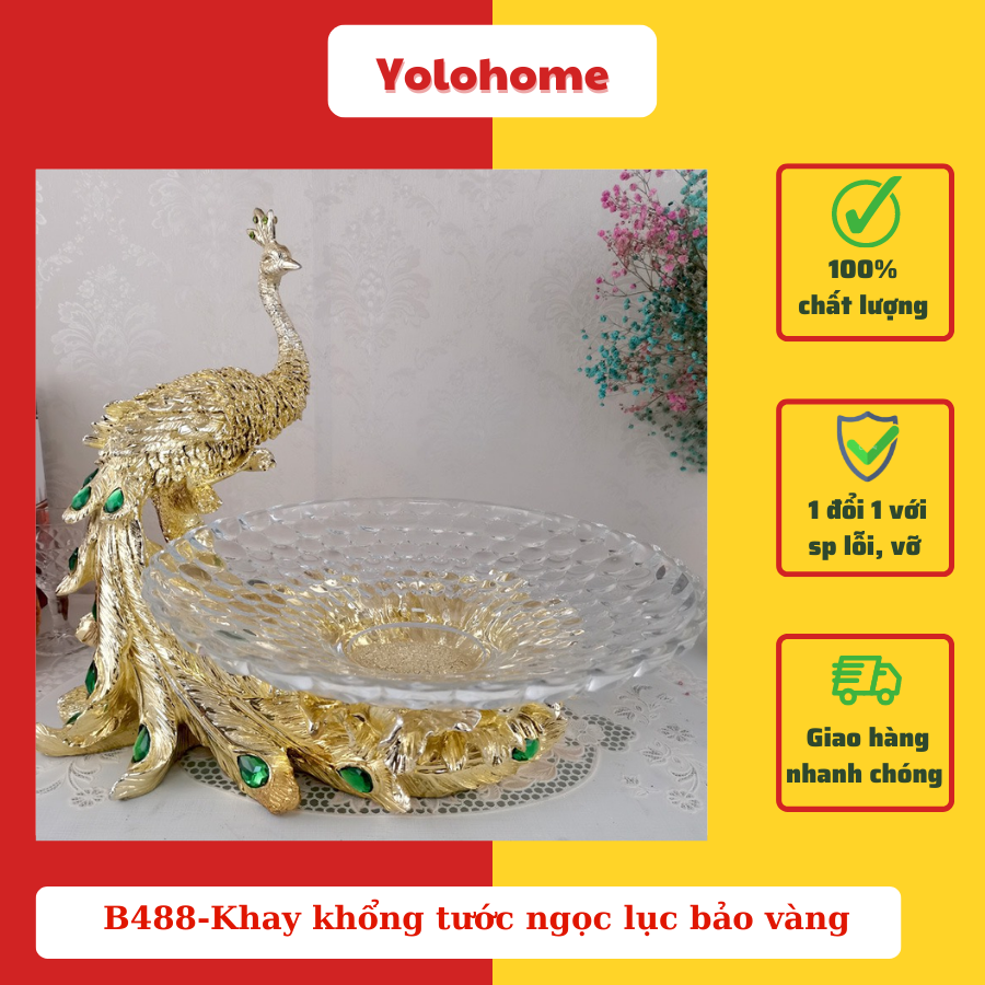 B488-Khay khổng tước ngọc lục bảo vàng
