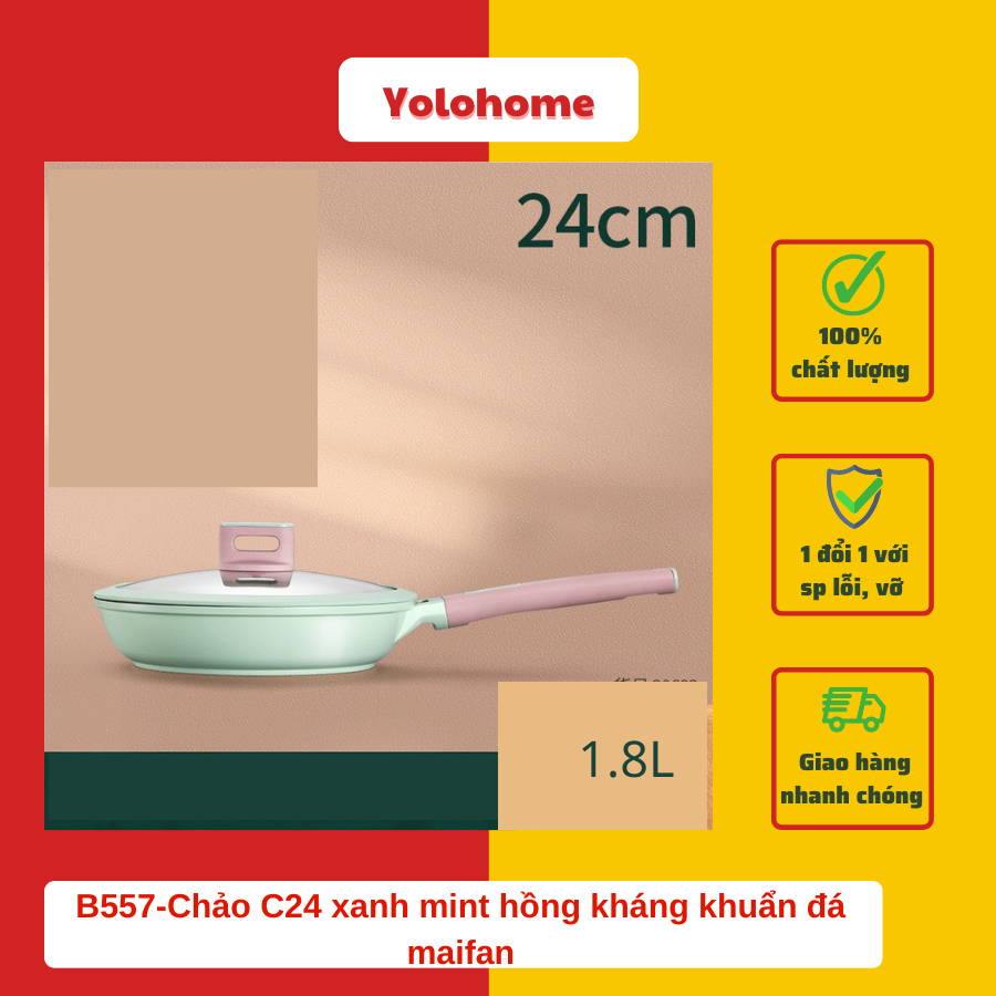 B557-Chảo C24  xanh mint hồng lòng đen kháng khuẩn đá maifan s2 lỗi nhẹ