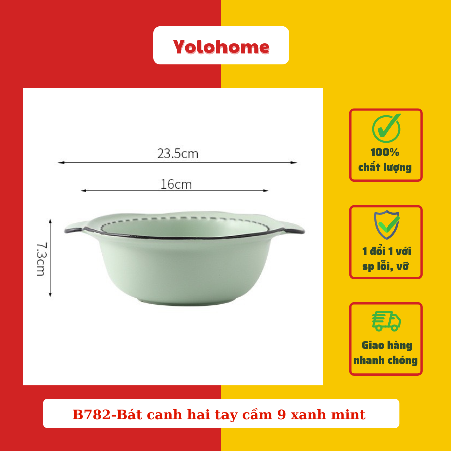 B782-Bát canh hai tay cầm 9 xanh mint -Đa sắc pastel pc Nhật Bản
