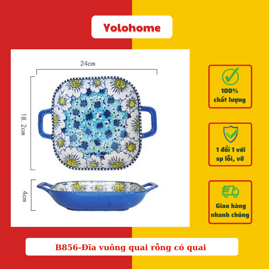 B856-Đĩa vuông quai rỗng có quai chuỗi hạt hoa xanh lam