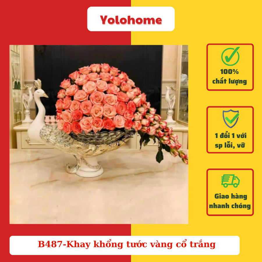 B487-Khay khổng tước vàng cổ trắng