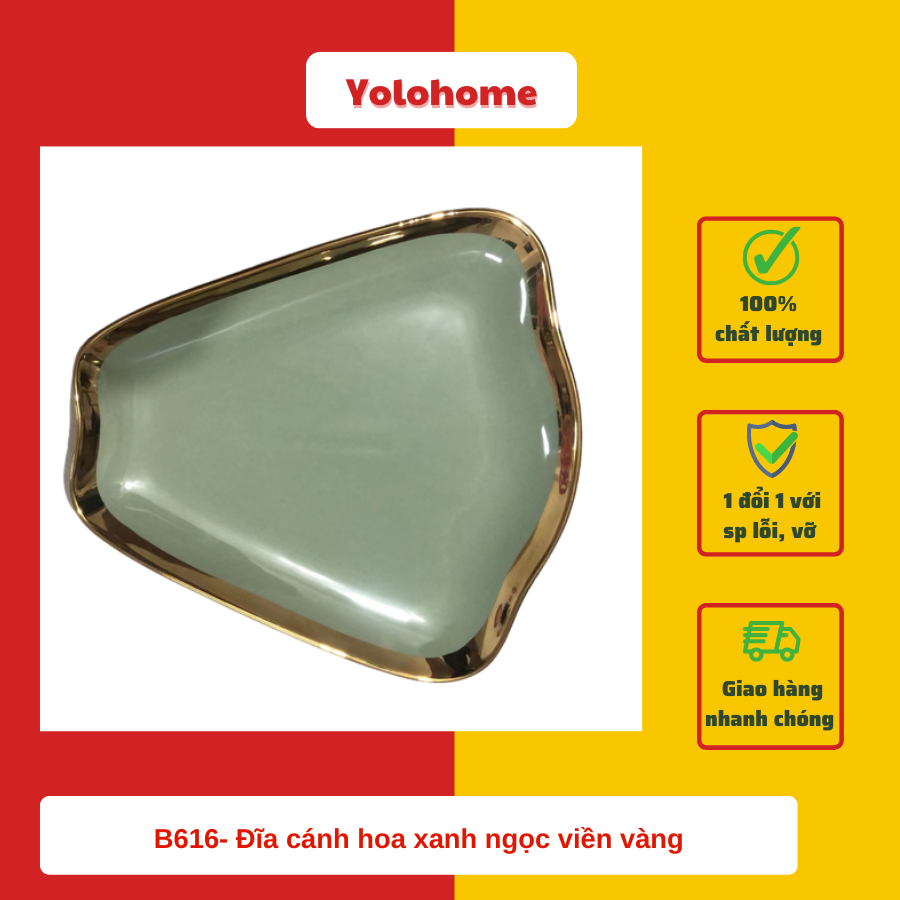 B616- Đĩa cánh hoa xanh ngọc viền vàng