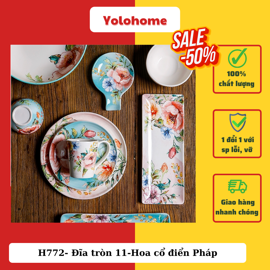 H772- Đĩa tròn 11-Hoa cổ điển Pháp vẽ tay xuất Âu omk