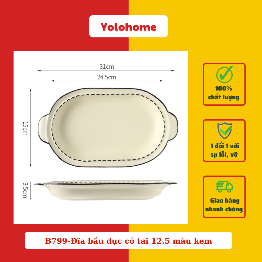 B799-Đĩa bầu dục có tai 12.5 màu kem -Đa sắc pastel pc Nhật Bản