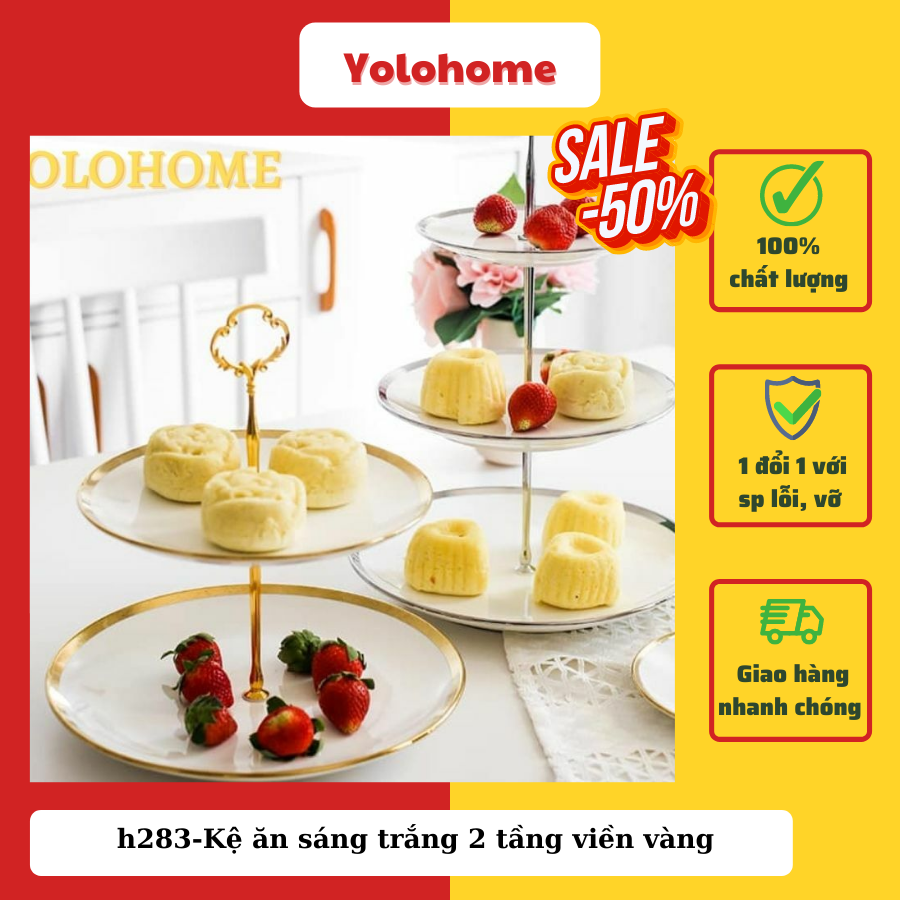Kệ ăn sáng trắng 2 tầng viền vàng - h283