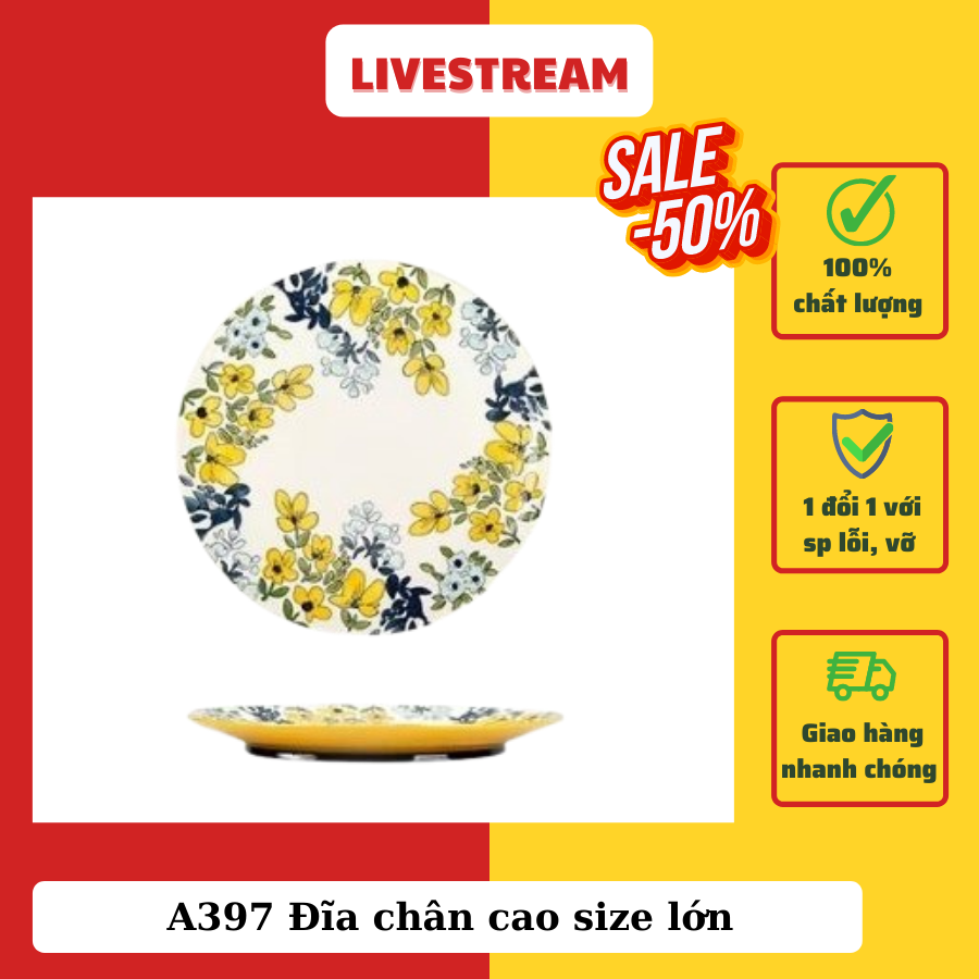 A397 Đĩa chân cao size lớn - Hoạ tiết mai vàng