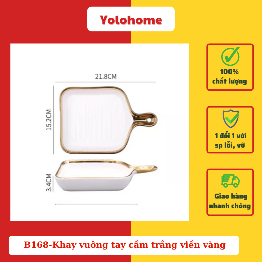 B168-Khay vuông tay cầm trắng viền vàng