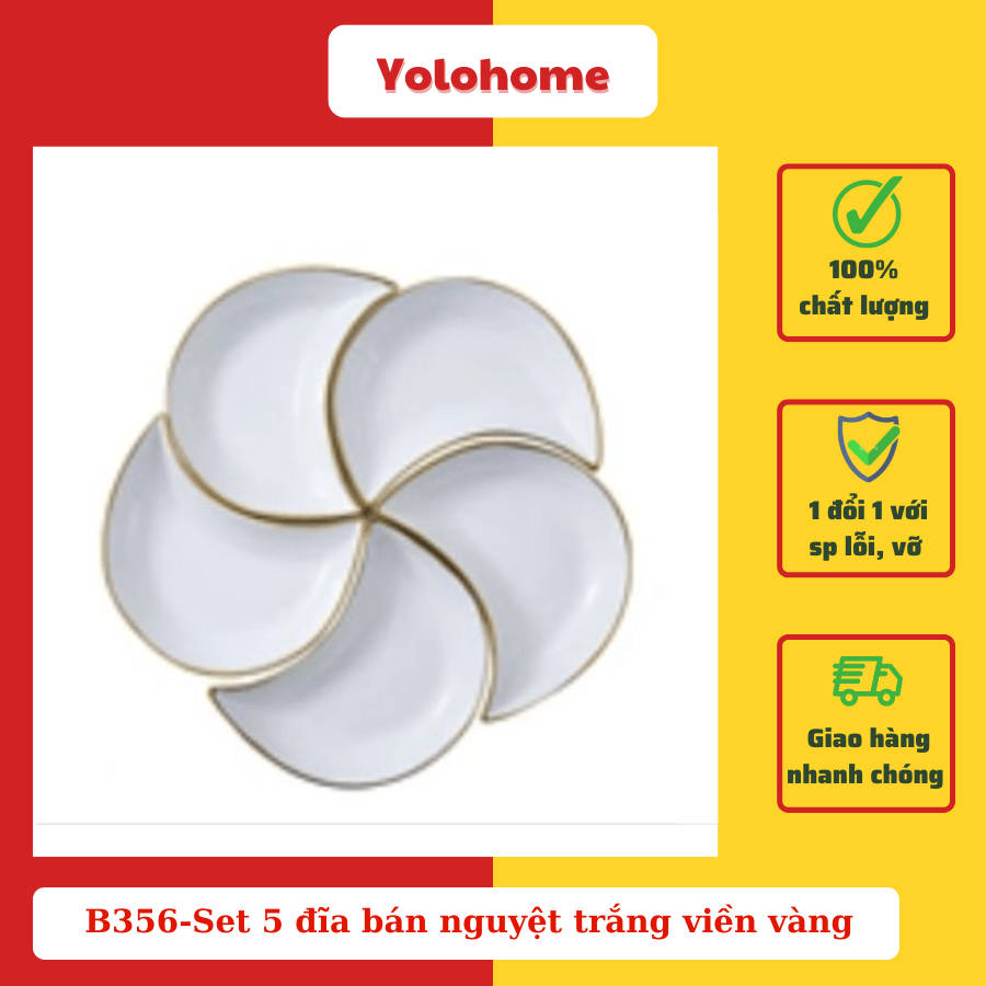 B356-Set 5 đĩa bán nguyệt trắng viền vàng