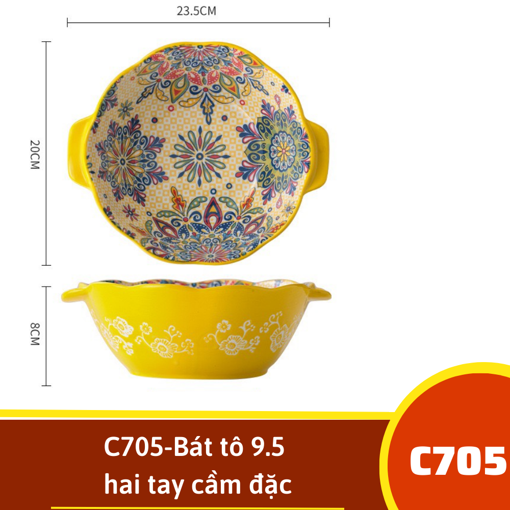 C705-Bát tô 9.5 hai tay cầm đặc - Ánh nắng mặt trời vàng