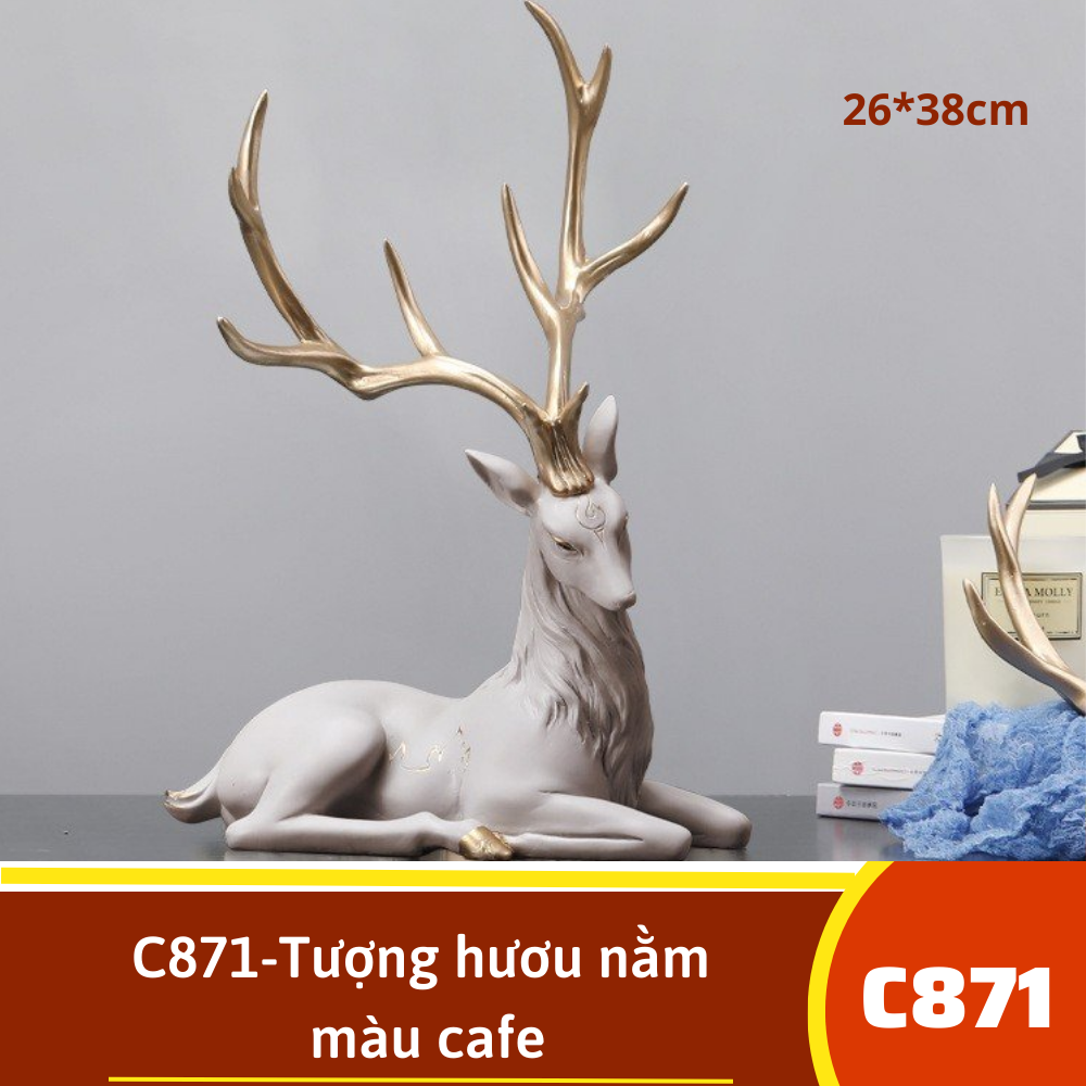 C871-Tượng hươu nằm màu kem