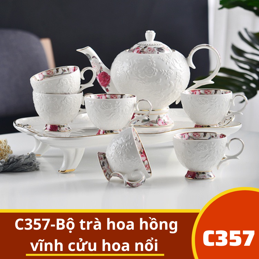 C357-Bộ trà hoa hồng vĩnh cửu hoa nổi