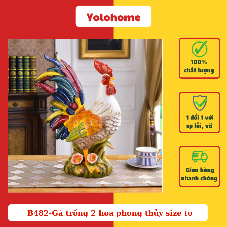 B482-Tượng gà trống 2 hoa phong thủy size to