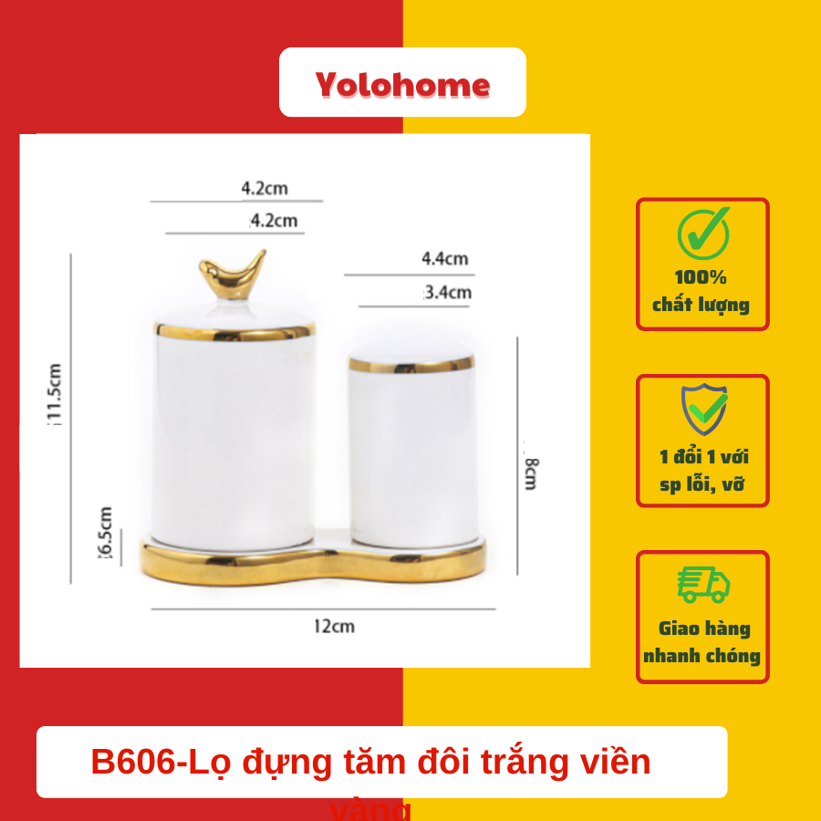 B606-Lọ đựng tăm đôi trắng viền vàng