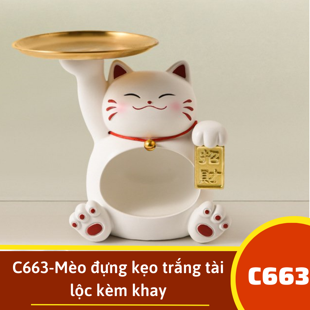 C663-Mèo đựng kẹo trắng tài lộc kèm khay