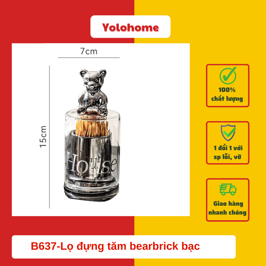 B637-Lọ đựng tăm bearbrick bạc chữ House
