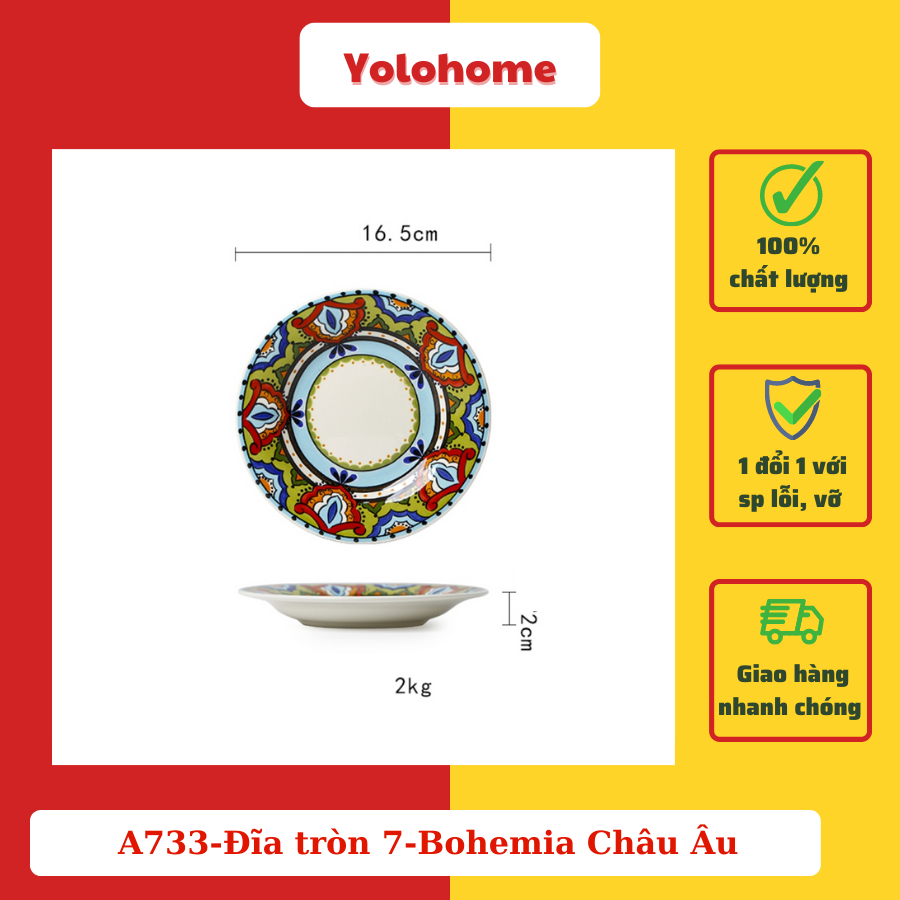 A733-Đĩa tròn 7- Hoa Ba Lan xanh vẽ tay xuất Âu omk