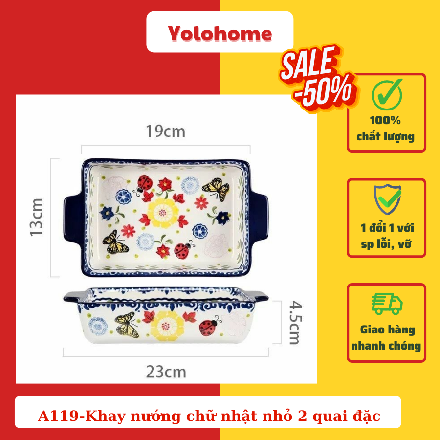 A119-Khay nướng chữ nhật nhỏ 2 quai đặc- hoạ tiết hoa bướm