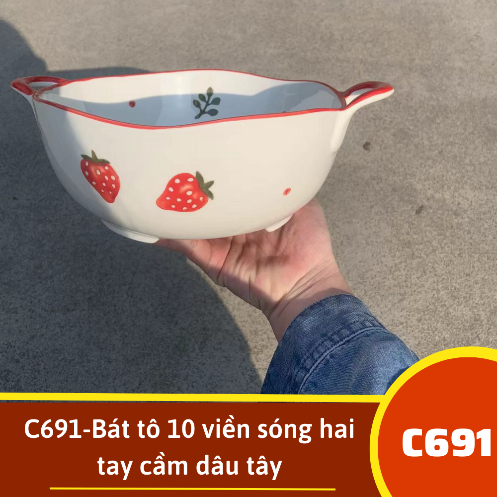 C691-Bát tô 10 viền sóng hai tay cầm dâu tây