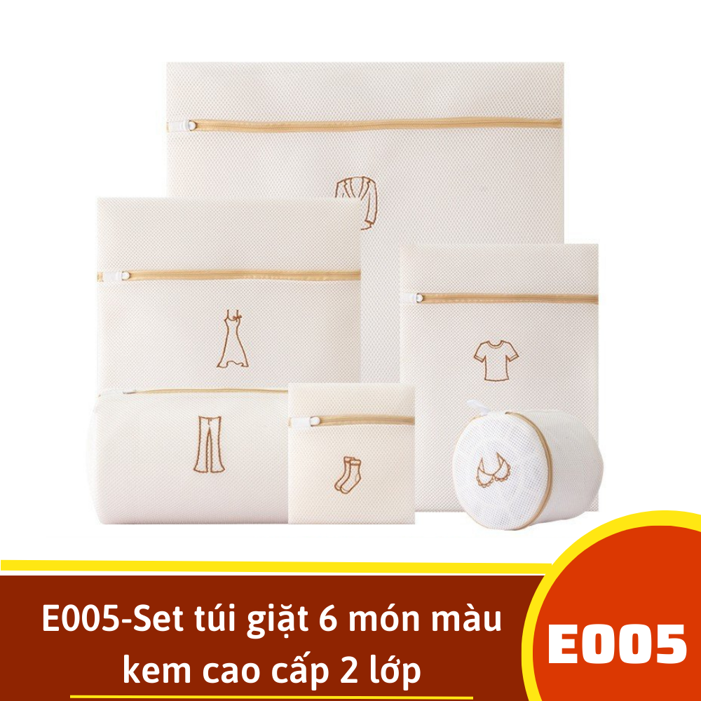 E005-Set túi giặt 6 món màu kem cao cấp 2 lớp