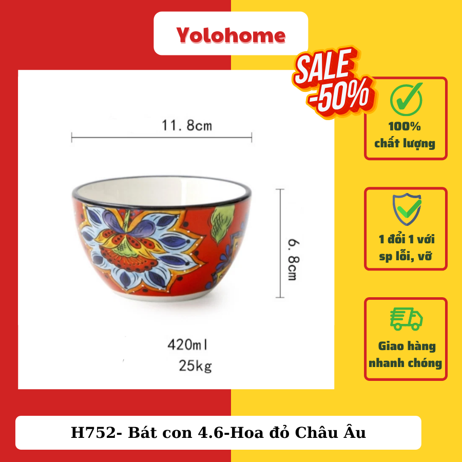 H752- Bát con 4.6-Hoa đỏ Châu Âu