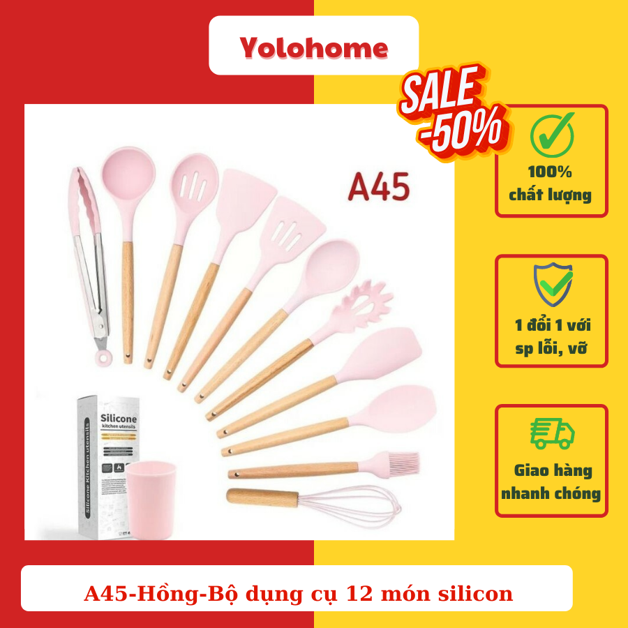A45-Hồng-Bộ dụng cụ 12 món silicon