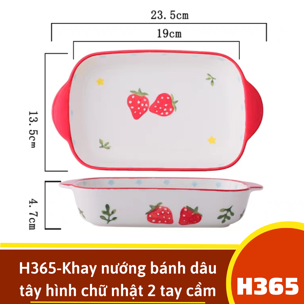 H365-Khay nướng bánh dâu tây hình chữ nhật 2 tay cầm- dâu tây m1