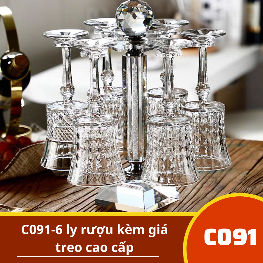 C091-6 ly rượu kèm giá treo cao cấp