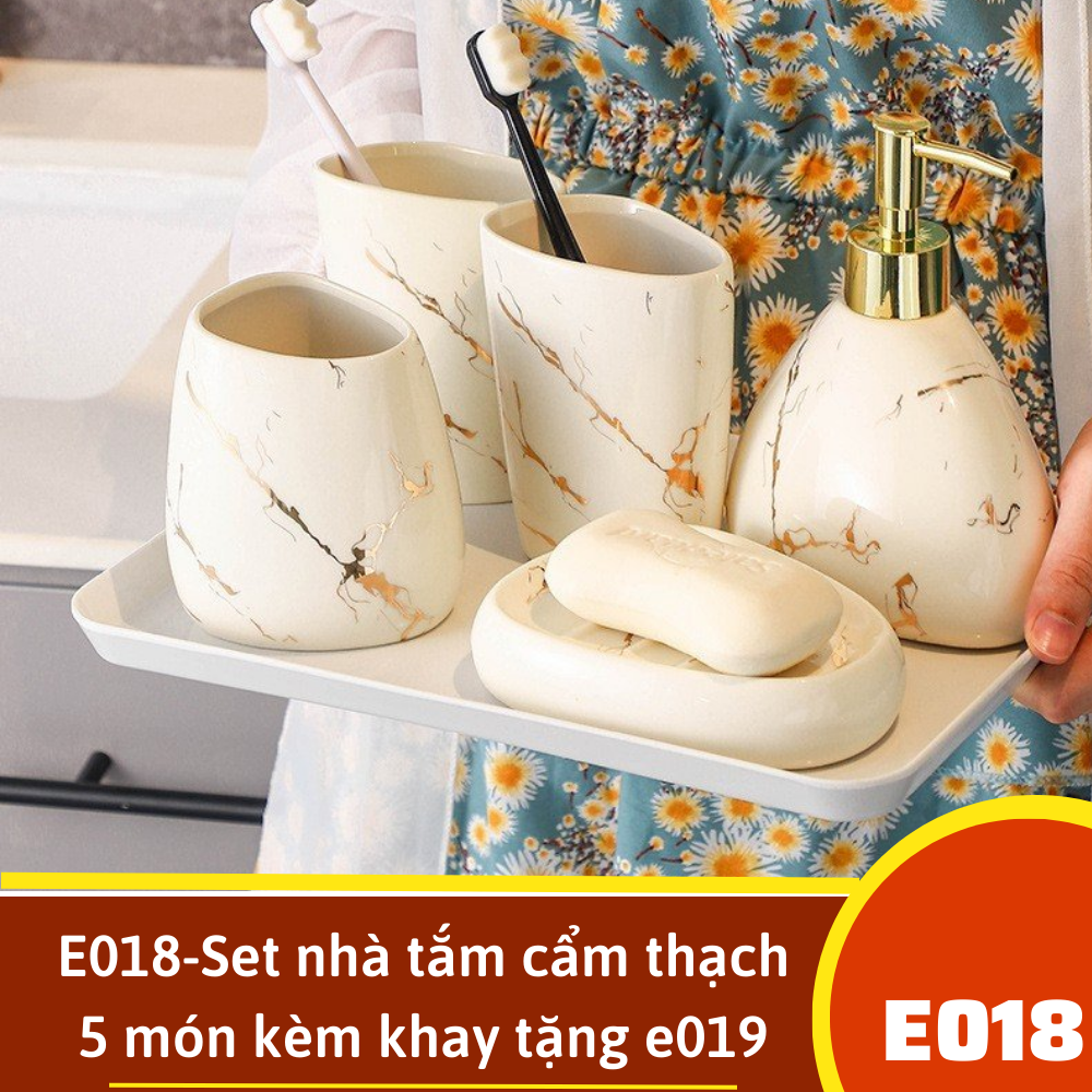 E018-Set nhà tắm cẩm thạch 5 món kèm khay