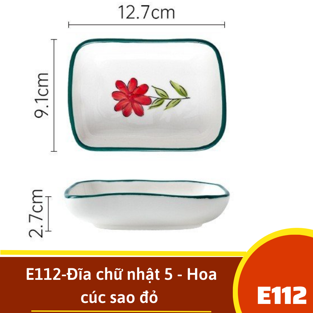 E112-Đĩa chữ nhật 5 - Hoa cúc sao đỏ