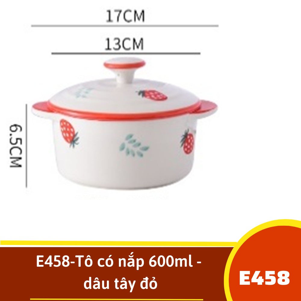 E458-Tô có nắp 600ml - dâu tây đỏ