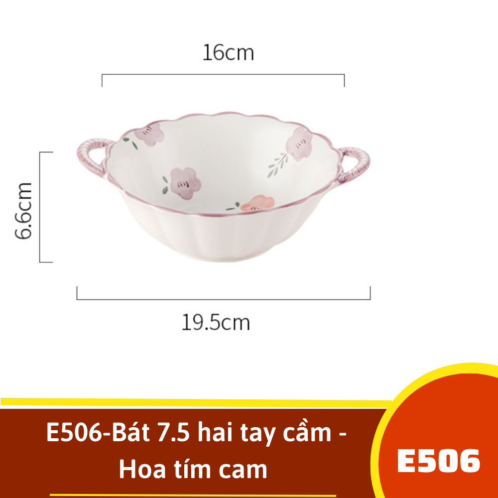 E506-Bát 7.5 hai tay cầm - Hoa tím cam