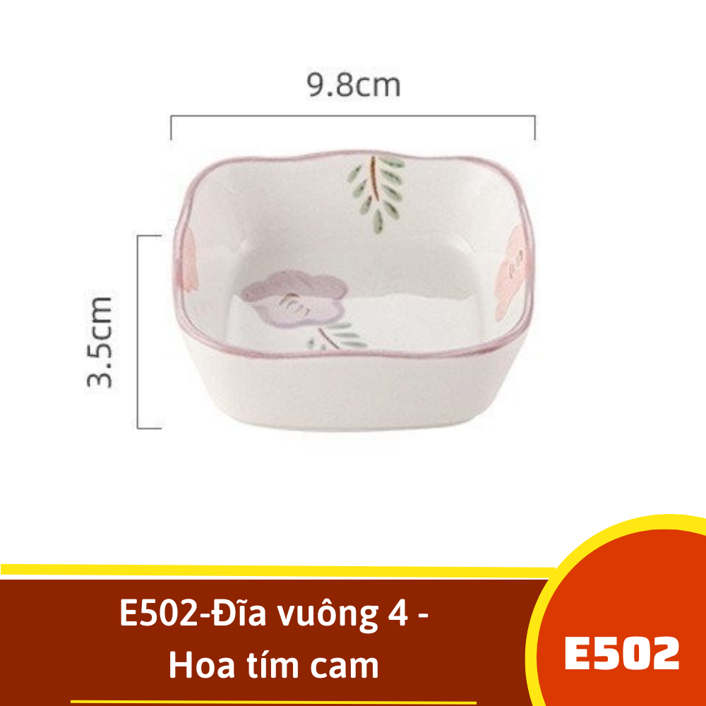 E502-Đĩa vuông 4 - Hoa tím cam