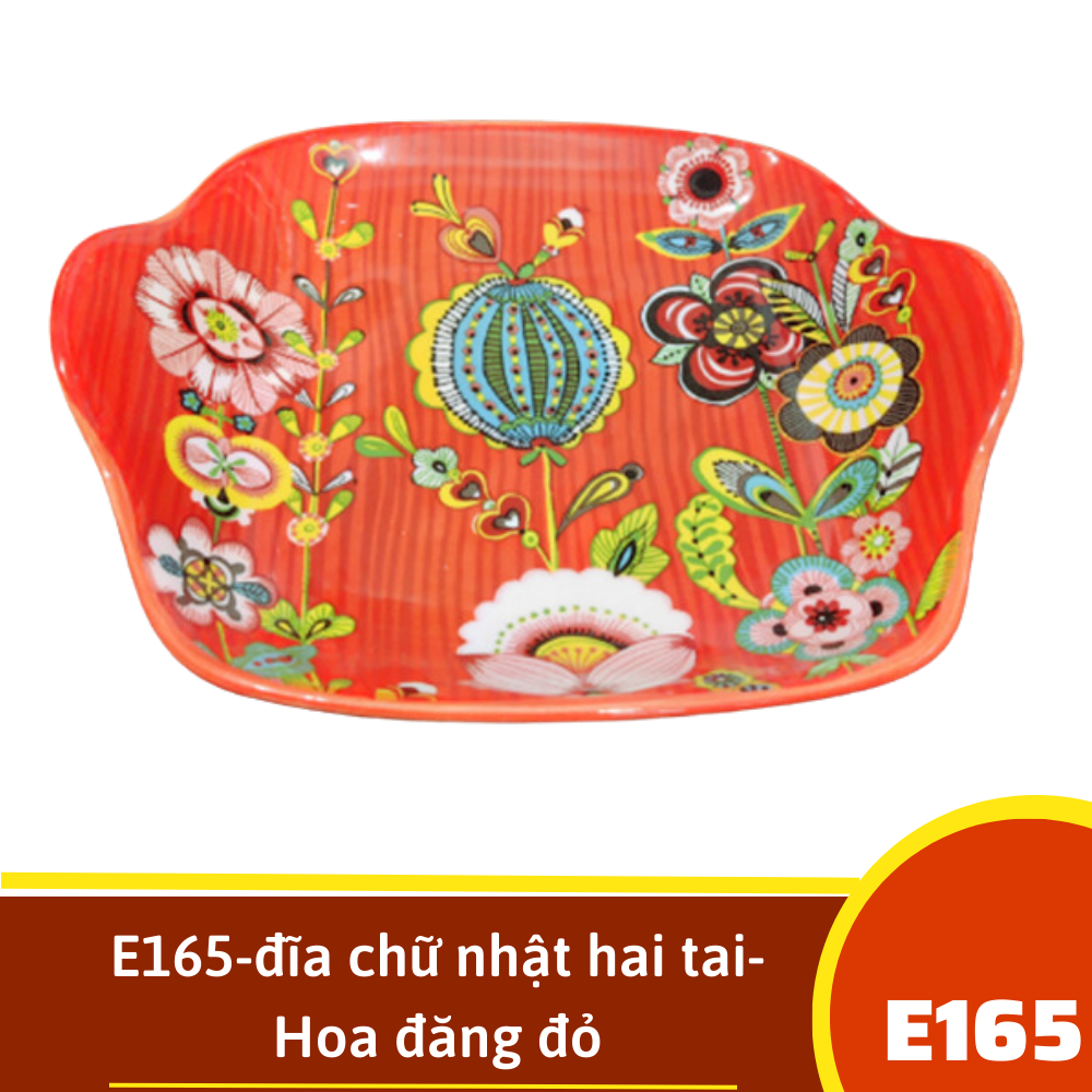 E165-đĩa chữ nhật hai tai- Hoa đăng đỏ