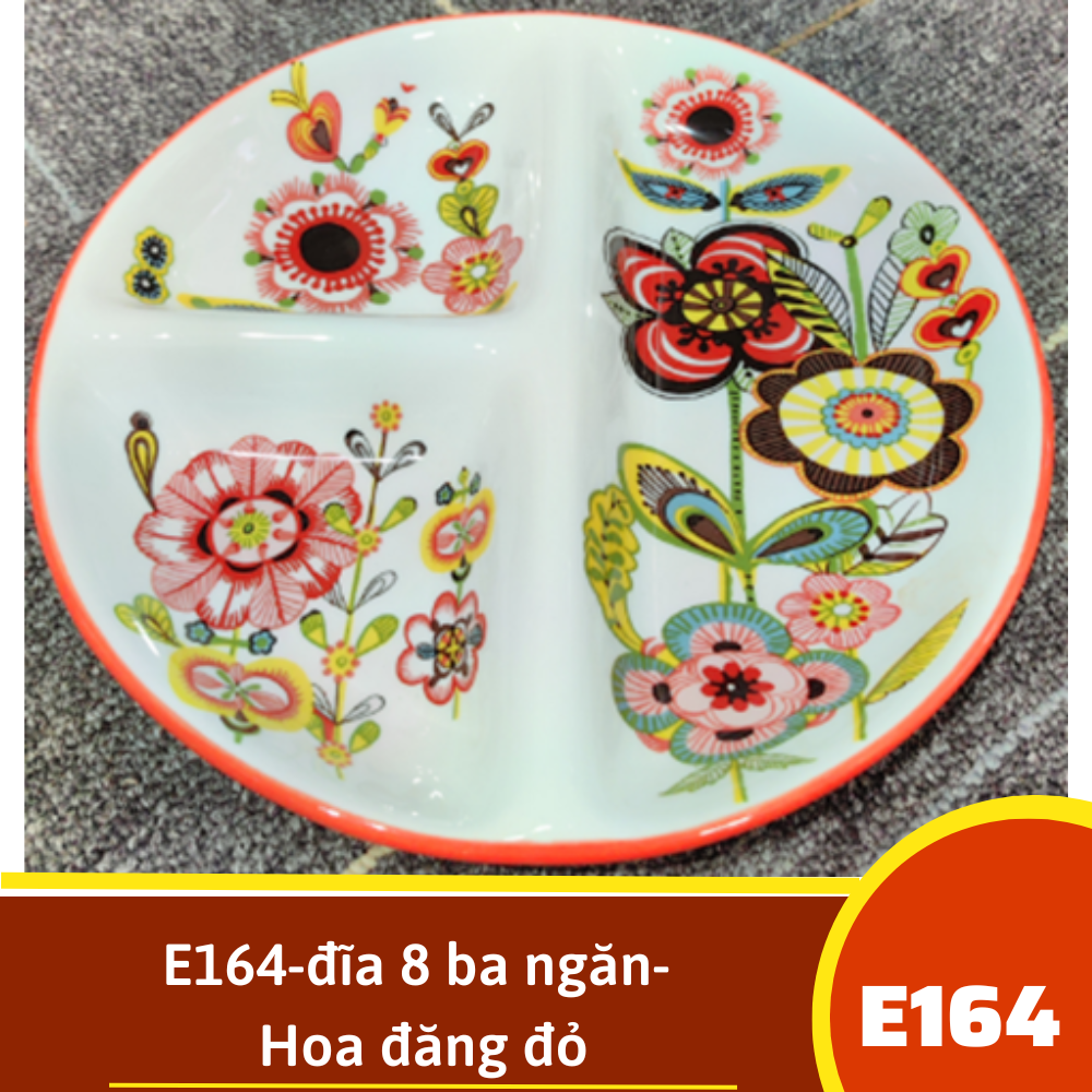 E164-đĩa 8 ba ngăn- Hoa đăng đỏ